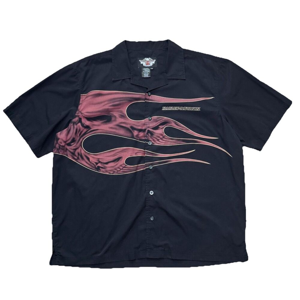 Harley-Davidson Flames Shirt Black Red Skull Flames Button Front 2XL 2009